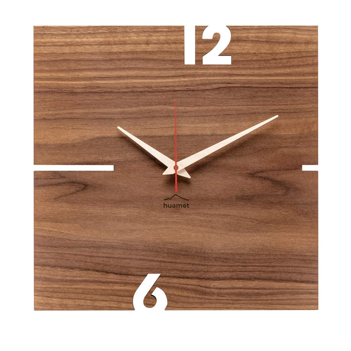 huamet Wanduhr Holz PUHR aus Nussholz, eckig - einzigartiges Design, geräuschlos ohne Ticken - Quali