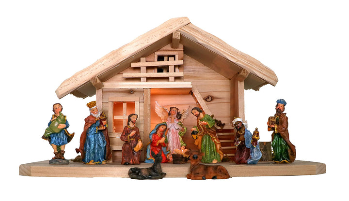 mgc24 Weihnachtskrippe Tischkrippe aus Holz, komplett mit 11 Krippenfiguren handbemalt,