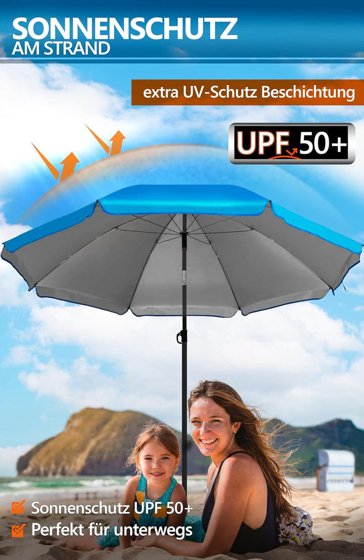 4smile Sonnenschirm Strand Ø 200 cm, 3-in-1 SET mit Bodenhülse, Blau | UPF 50+ Strandschirm + Sonnen