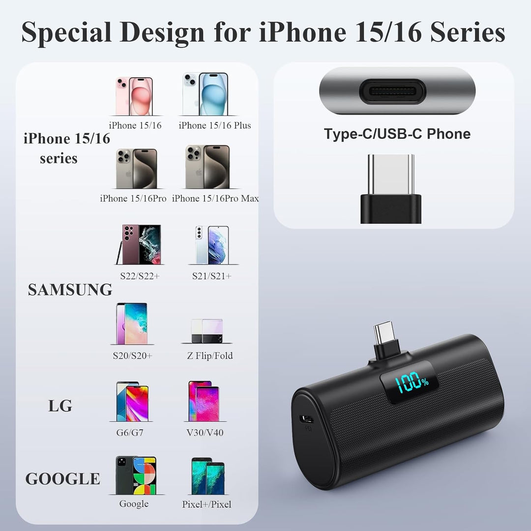 Mini Powerbank 5200mAh, Klein Power Bank USB C PD Externer Akku, Compact LCD Digitalanzeige Akkupack