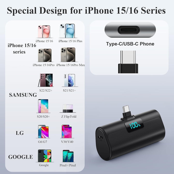 Mini Powerbank 5200mAh, Klein Power Bank USB C PD Externer Akku, Compact LCD Digitalanzeige Akkupack