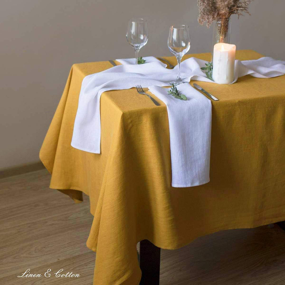 Linen & Cotton Tischdecke Stoff Tischtuch Tischwäsche Hygge - 100% Leinen, Senfgelb/Gelb (80 x 80 cm