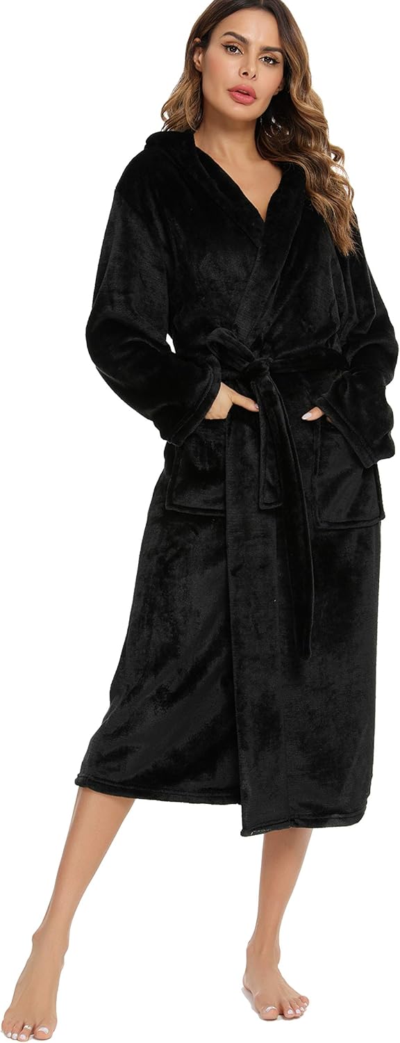 Vlazom Damen Winter Bademantel Flanell mit Kapuze Langärme Morgenmantel Saunamantel Flauschiger Robe