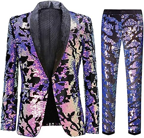 CARFFIV Herren Modische Blumenmuster Pailletten Zweiteiler Set Anzüge XS Map Purple, XS Map Purple