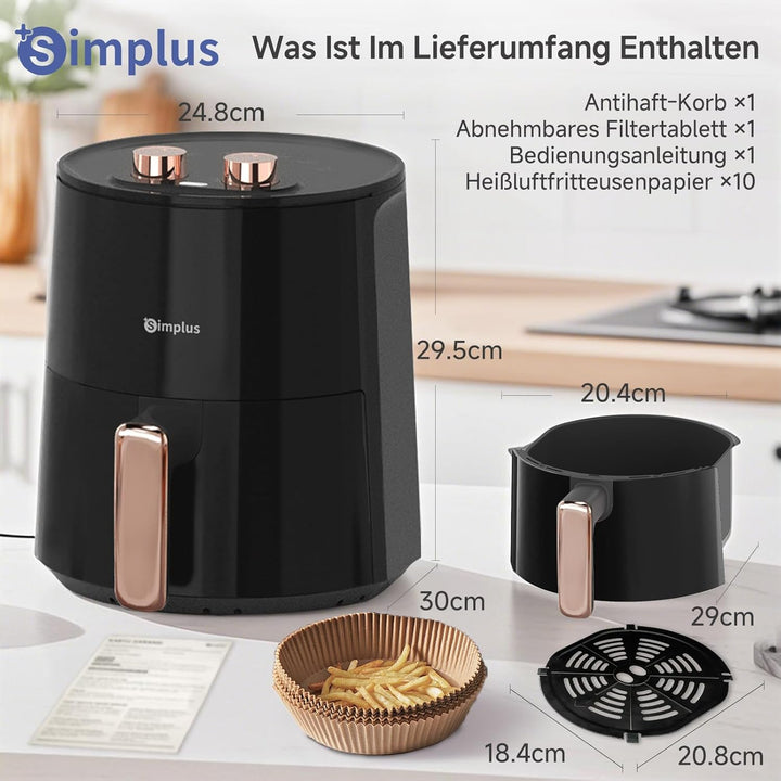 SIMPLUS Heissluftfritteuse 4L, 1300W Airfryer ohne Öl, 360° Heissluftzirkulation, 6 Temperaturstufen