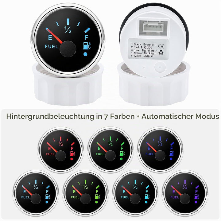 Kraftstoffanzeige, Kraftstoffstandsanzeige 52 mm 0-190ohms mit 7-Farben Hintergrundbeleuchtung Unive