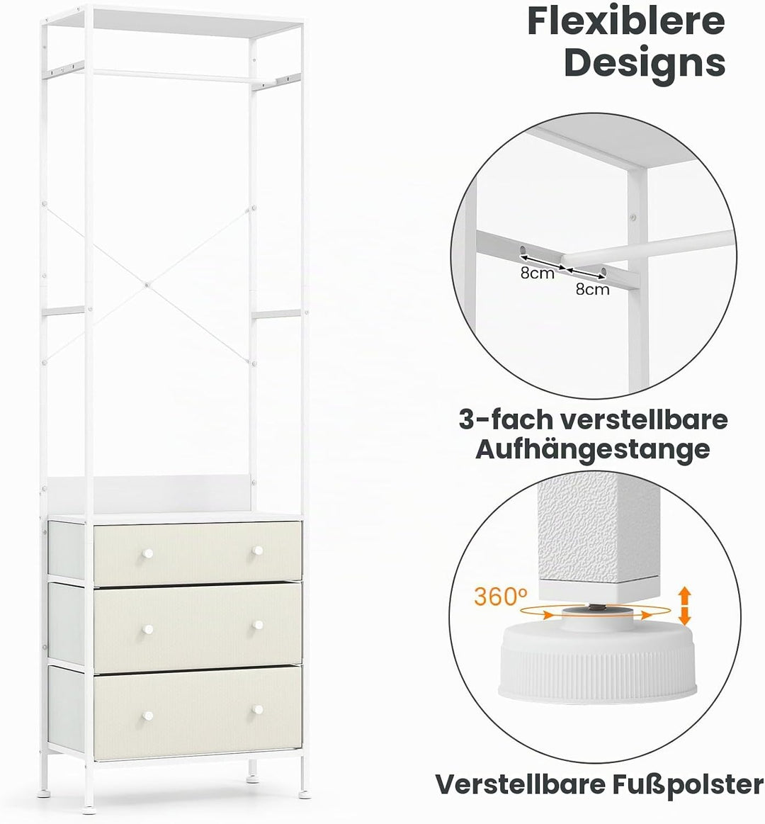 HOMASIS Kleiderständer mit 3 Schubladen &amp; Ablage, offener Garderobenständer aus Holz &amp; Metall, Freis