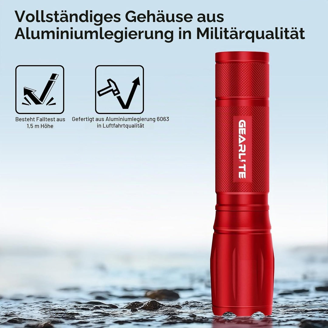 GEARLITE LED Taschenlampe Batteriebetrieben 2 Stücke, 2000 Lumen Extrem Hell Mit 5 Modi, IP65 Wasser