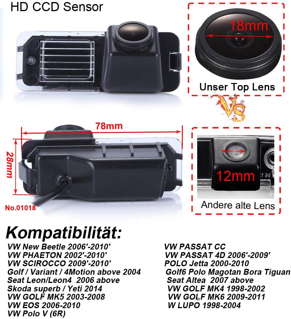 1280 * 720 Pixels Auto Rückfahrkamera Replacement for VW New Beetle Phaeton Scirocco Golf MK5 Seat L