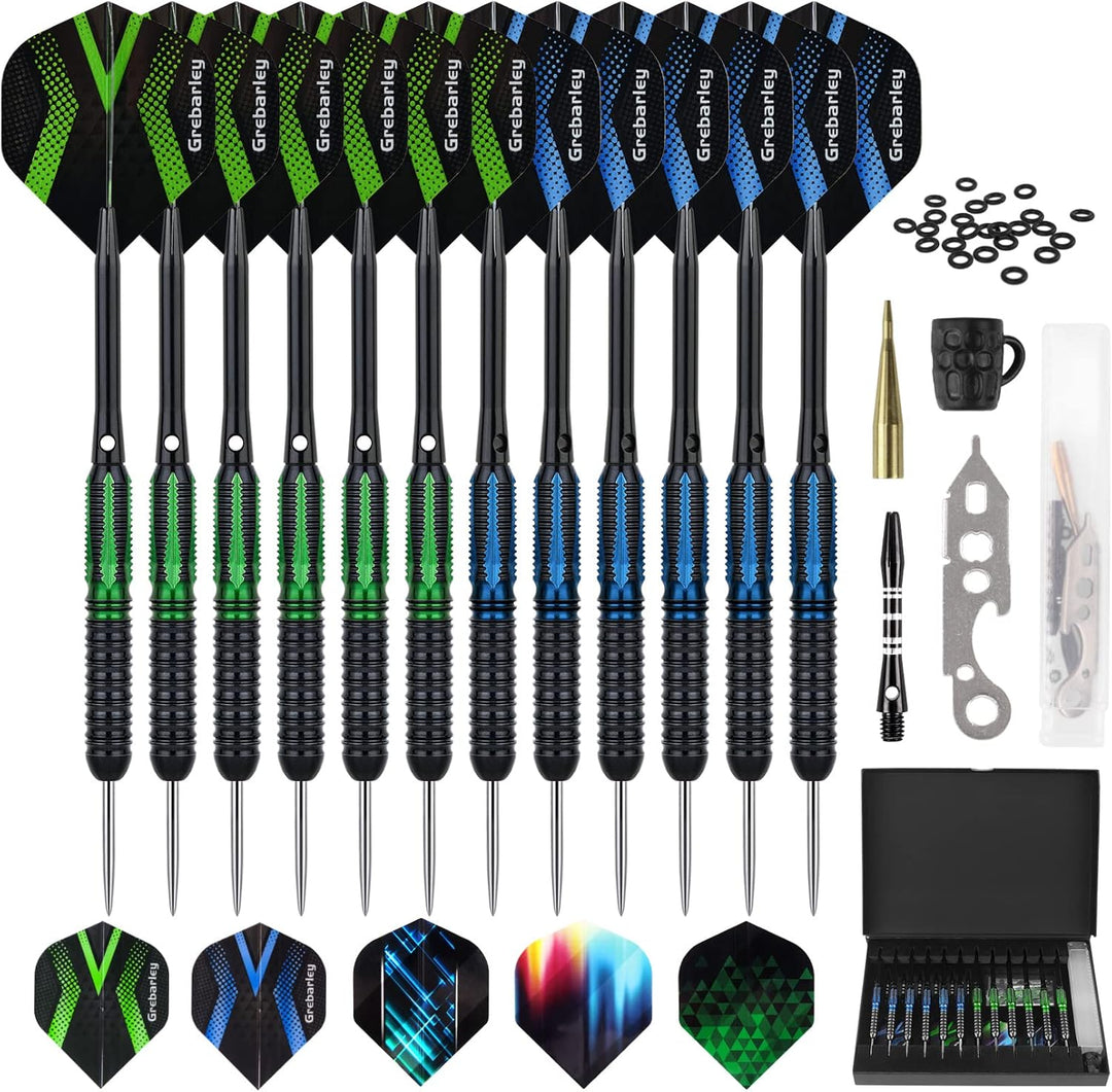 Grebarley Dartpfeile mit Metallspitze,12 Stück Profi Steeldarts 18 Aluminium Schaft mit 9 Flights 20