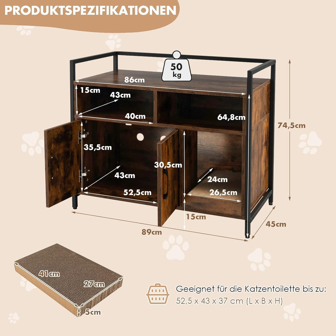GOPLUS Katzenschrank, Katzentoilette mit Doppeltüren & stabilem Metallrahmen & Kratzbrett & 2 Fächer