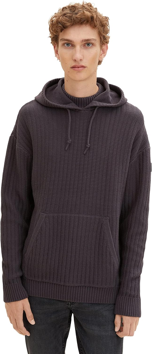 TOM TAILOR Denim Herren Kapuzenpullover mit Rippstruktur L 29476 - Coal Grey, L 29476 - Coal Grey