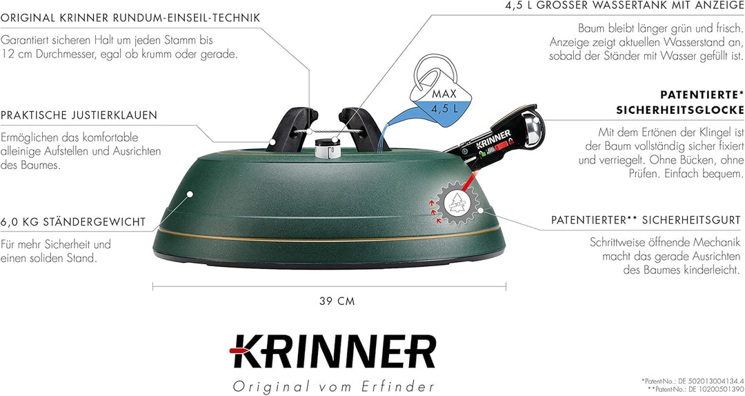 KRINNER Weihnachtsbaum Christbaumständer PREMIUM XL grün inkl. Fusspedal- und Einseiltechnik Sicherh