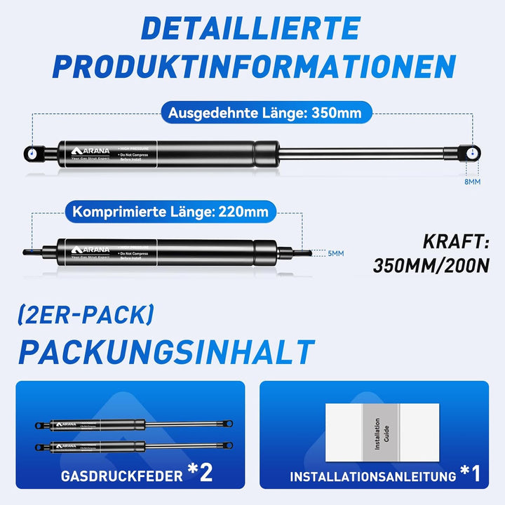 ARANA 350 mm 200N Gas Struts, 20 kg Gas Spring Replacement Gas Spring Hydraulic Holder for Cabinet D