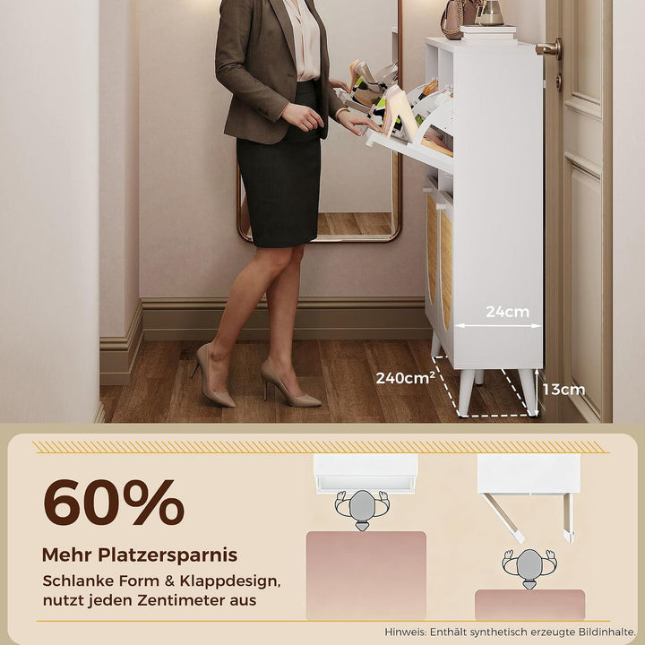 IRONCK Schuhschrank Rattan, schmal Schuhkipper mit 4 Klappen, freistehende Schuhregal, Schuhkommode