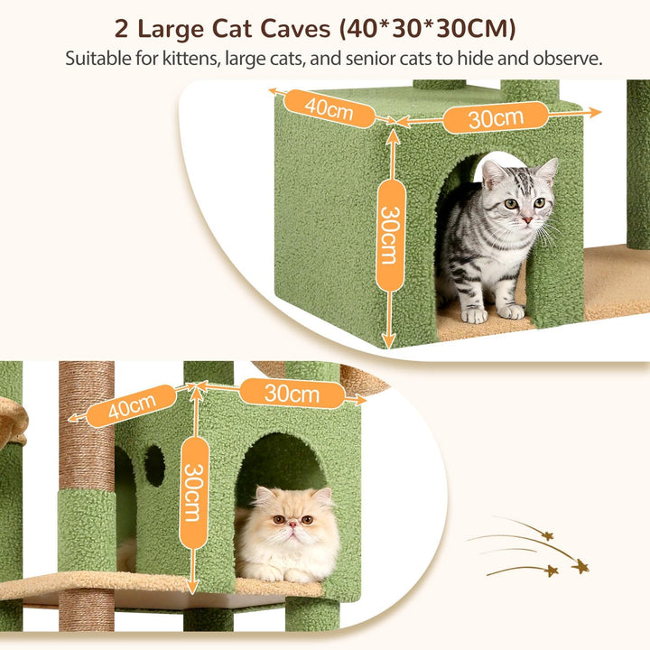 Globlazer Kratzbaum XXL Grün Kaktus für Grosse Katzen, Katzenbaum 193 cm mit 2 Grosse Katzenhaus, Ex