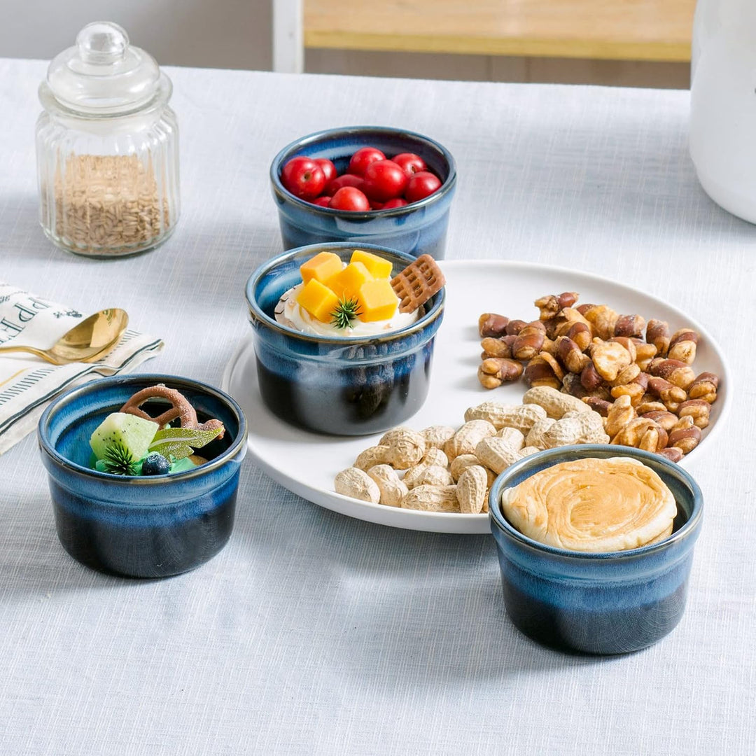 4 Stück Soufflé Förmchen, 240mL Creme Brulee Schälchen, Pastetenform, Kleine Auflaufformen, Mini Auf