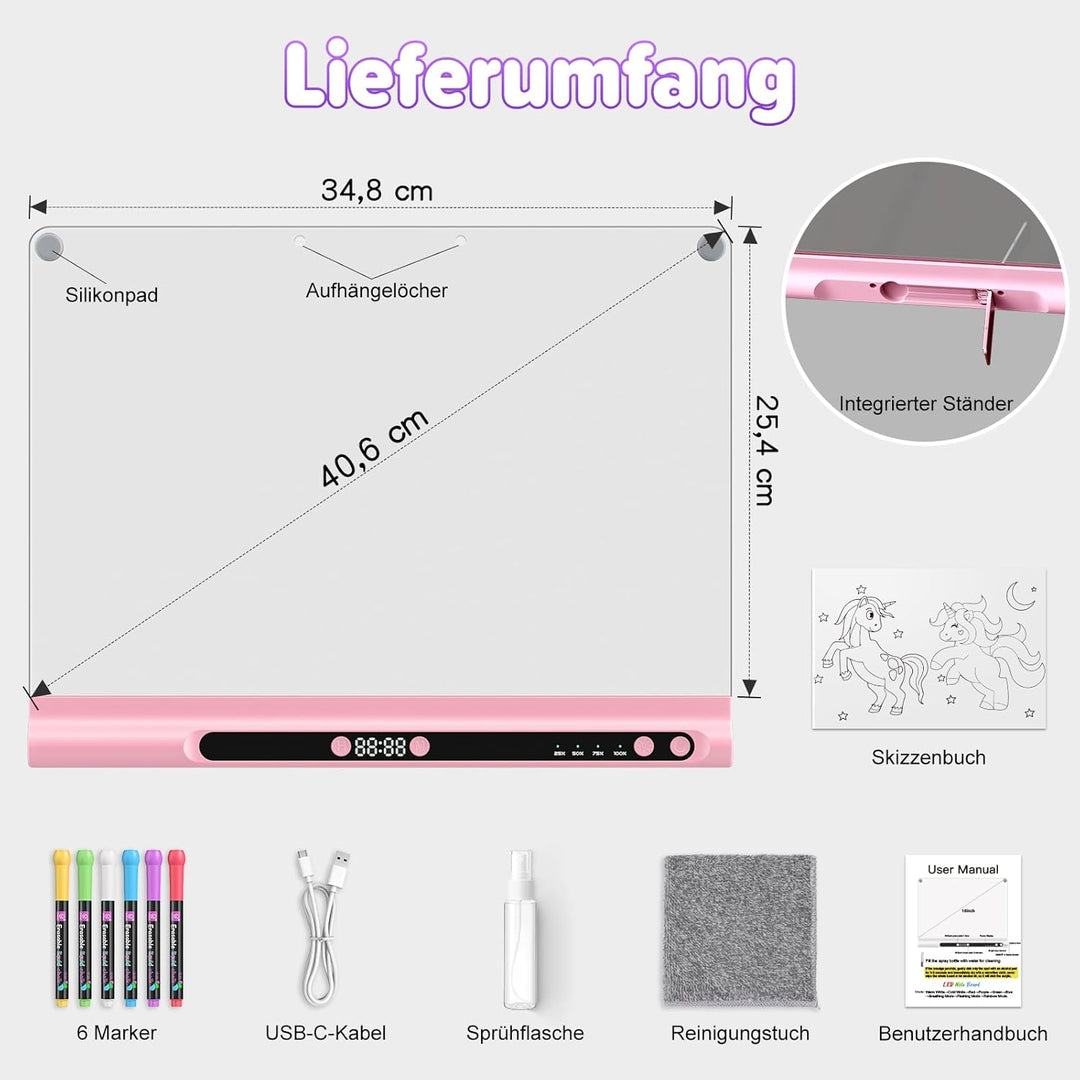 LED-Zeichentafel Wiederaufladbares 41cm, 9 Lichtmodi mit Timer, Neon-Trockenlöschtafel mit Ständer,