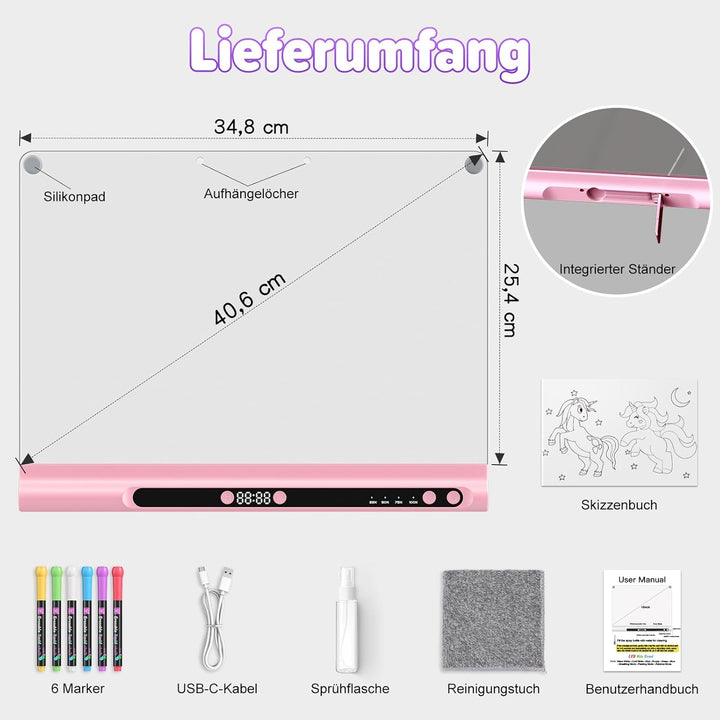 LED-Zeichentafel Wiederaufladbares 41cm, 9 Lichtmodi mit Timer, Neon-Trockenlöschtafel mit Ständer,