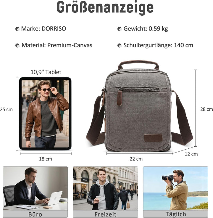 DORRISO Vintage Herren Umhängetasche Lässig Schultertaschen für 10.9 Zoll iPad mit Griff Mehrere Tas