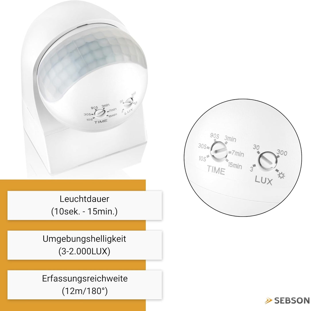 SEBSON® Bewegungsmelder Aussen IP44 Aufputz - 4er Set - Wand Montage, programmierbar, IR Sensor, Rei