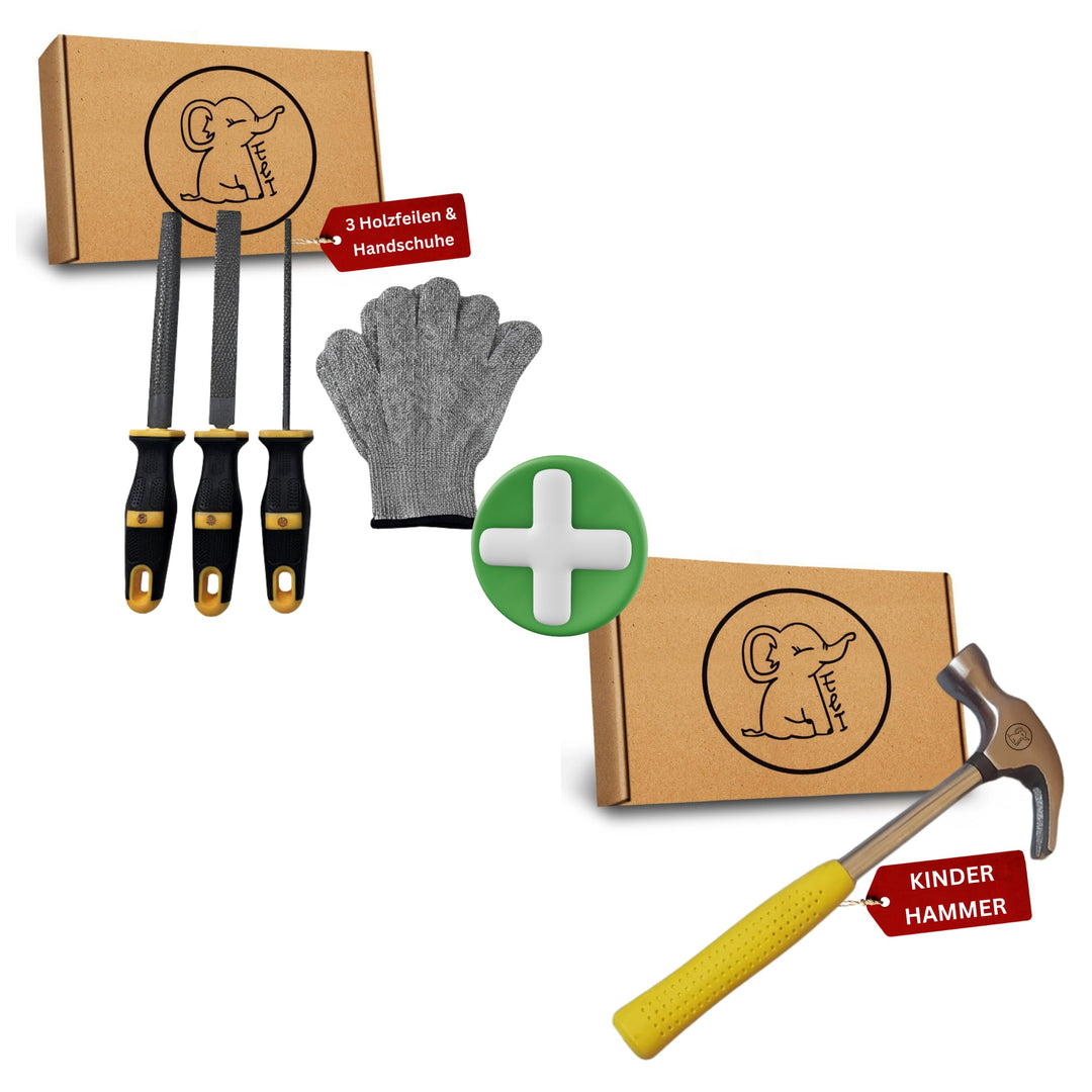 Eli® 3 Holzfeilen Set + Hammer für Kinder inkl Schutzhandschuhe - Holzraspel - Werkzeuge für Holz -