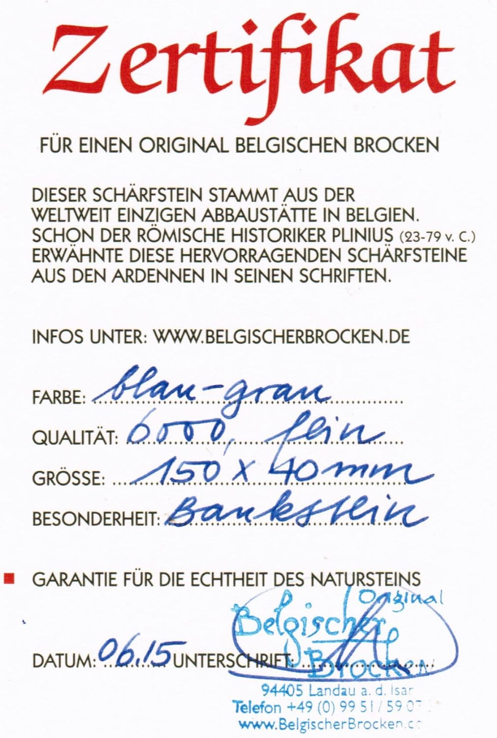 BLAUER BELGISCHER BROCKEN original 150x40mm I Schleifstein für Messer & Werkzeug I Wetzstein für den