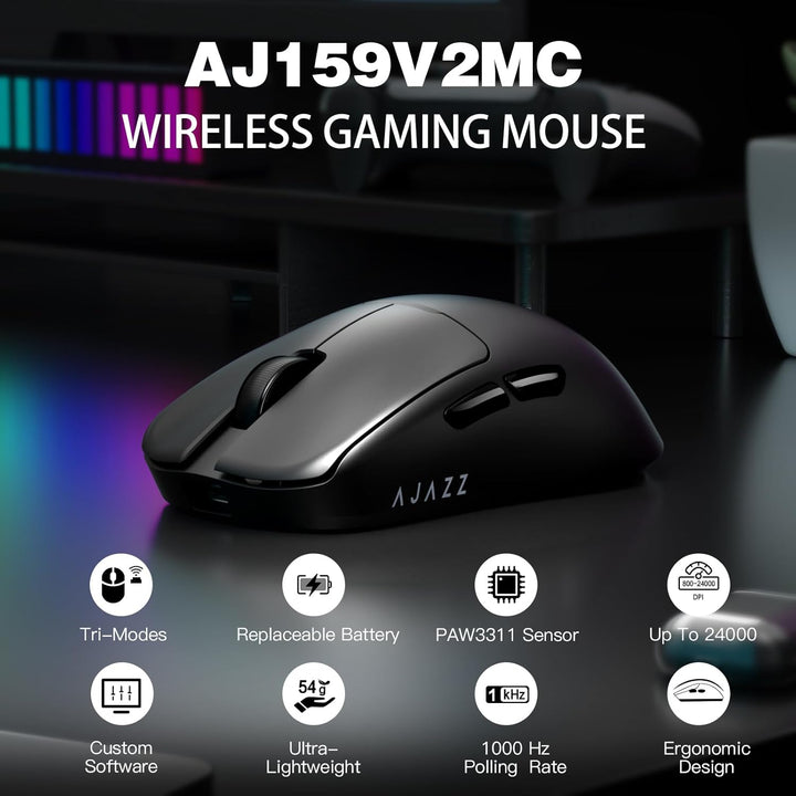 A.JAZZ AJ159V2MC Kabellose Gaming-Maus, Tri-Mode BT/2.4G/Type-C Kabel, Optischer PixArt 3311 Sensor
