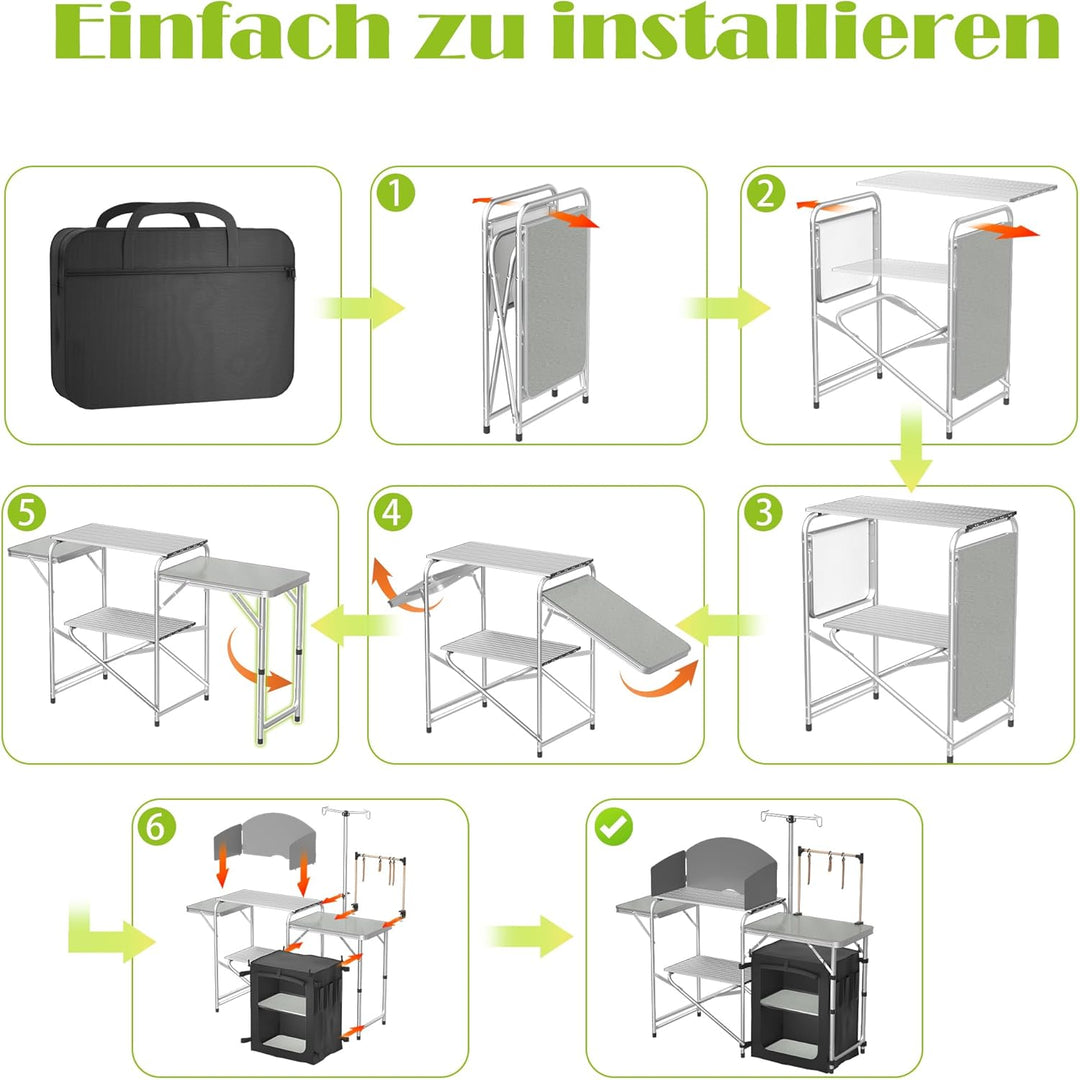 FIVMEN Campingküche Faltbar Camping Küche Campingschrank Aluminium mit 3 Arbeitsplatten, Schränkfach