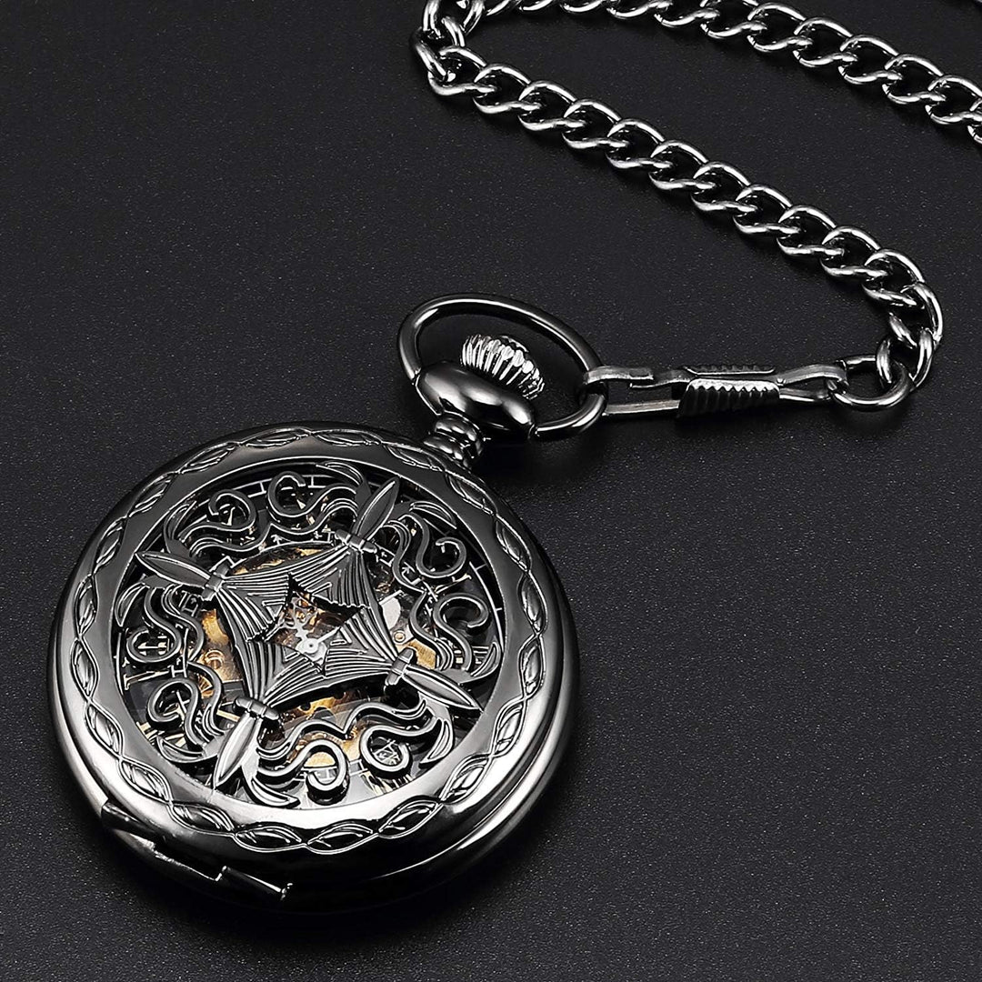 TREEWETO Unisex Taschenuhr mit Kette Analog Handaufzug Antik Kupfer Skelett Schwarz
