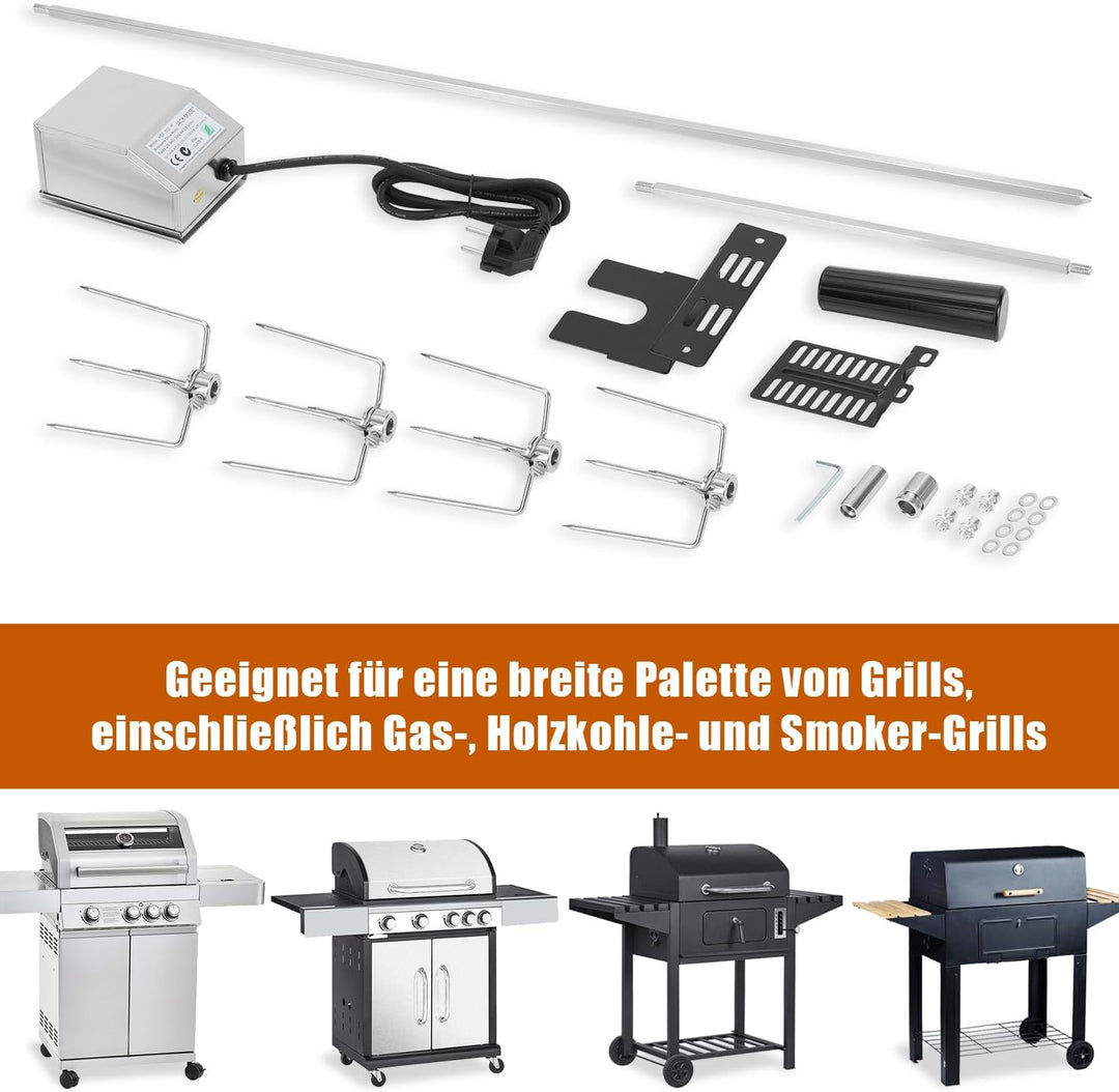 Grillspiess Set, Drehspiess mit 4X Fleischnadeln, 117cm Grillspiess mit Edelstahl Motor 220V - 240V,