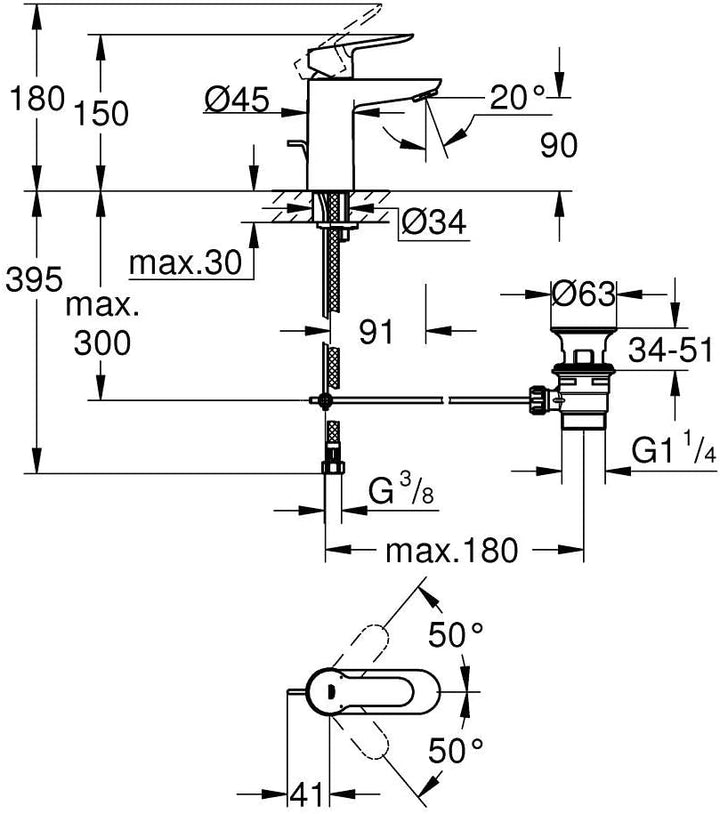 GROHE BauEdge | Badarmaturen - Einhand-Waschtischbatterie, DN 15 S-Size | Einlochmontage | chrom | 2