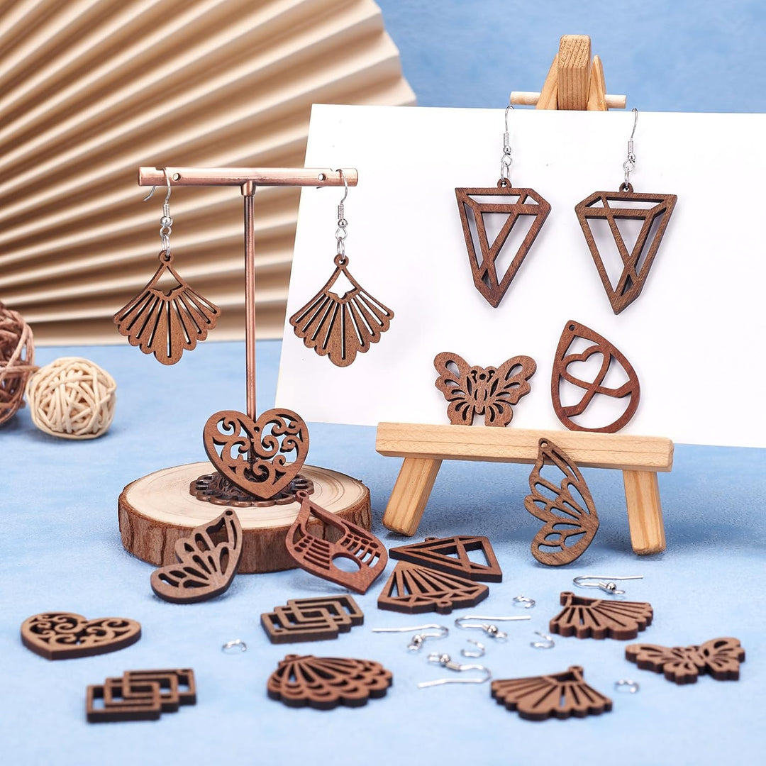Ohrring-Set aus natürlichem Walnussholz, lasergeschnitten, Tropfenform, Raute, Schmetterlingsflügel,