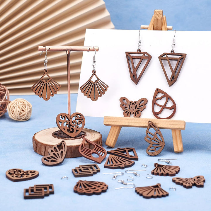 Ohrring-Set aus natürlichem Walnussholz, lasergeschnitten, Tropfenform, Raute, Schmetterlingsflügel,