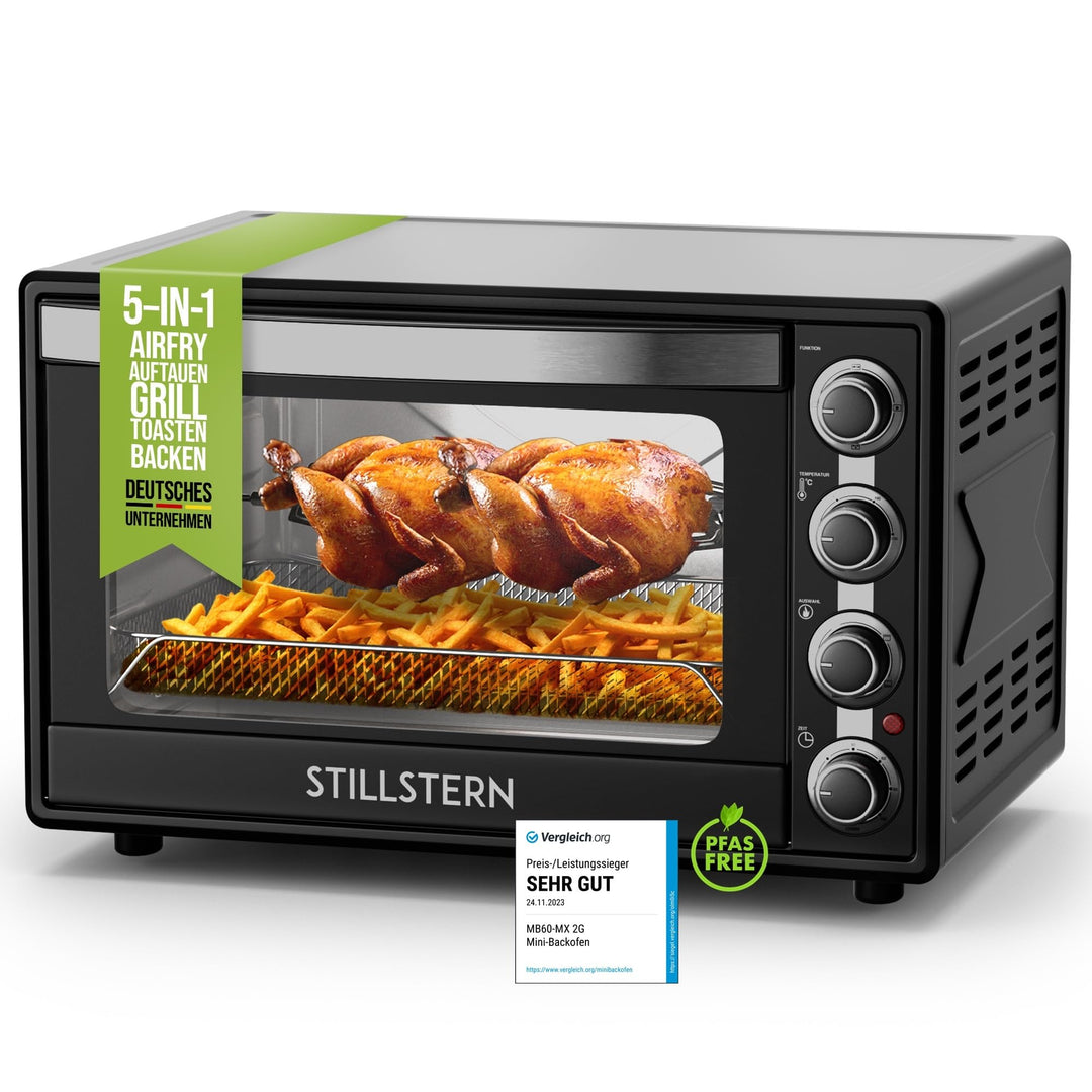 Stillstern Minibackofen mit Umluft (60L) Deutsche Version, Auftauen, Ofenhandschuhe, Rezeptheft, Dre