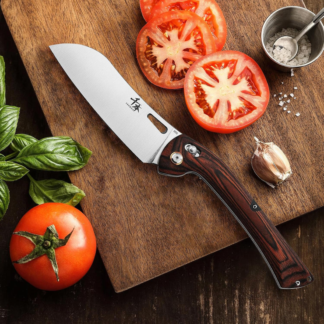SENBON 440 Stainless Steel Super Sharp Folding Chef Knife With Colorful Wood Handle for Camping, Bar