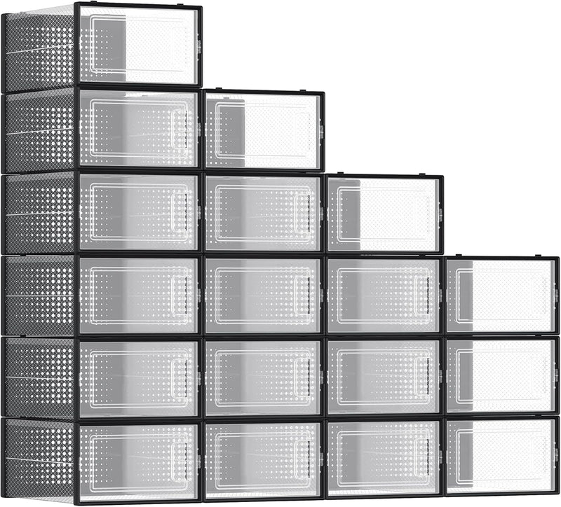 SONGMICS Schuhboxen, 18er Set Schuhkartons durchsichtig, faltbar und stapelbar, bis Grösse 44, trans
