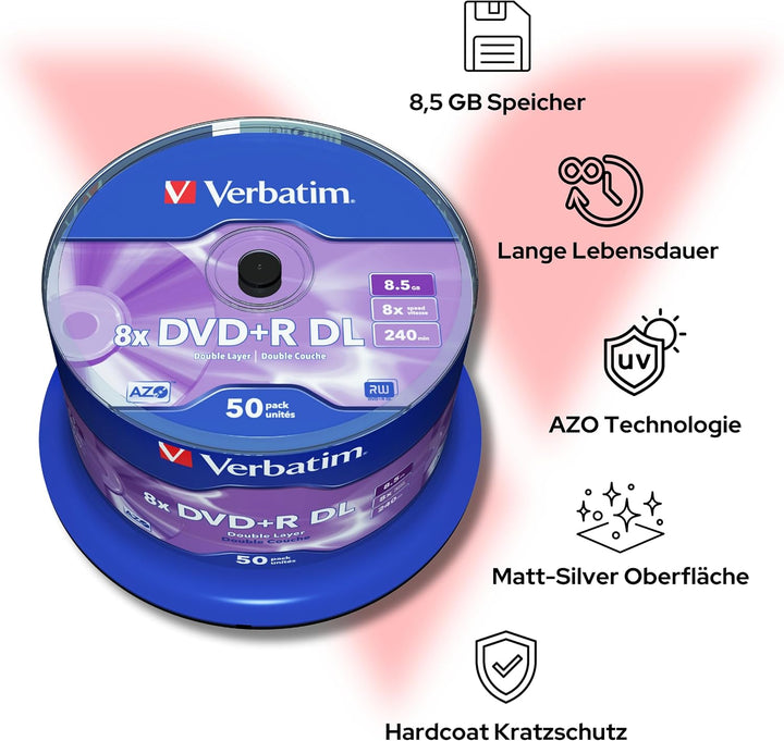 Verbatim DVD+R Double Layer Matt Silver 8.5GB, 50er Pack Spindel, DVD Rohlinge beschreibbar, 8-fache