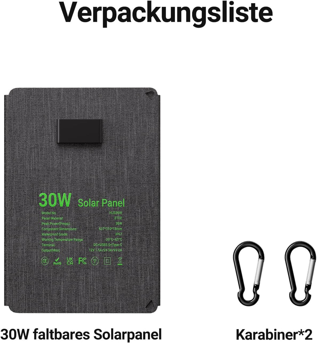 30W Solarpanel Faltbar, Tragbares Outdoor Solar Ladegerät IP67 Wasserdichtes mit 3 Anschlüsse (USB-C