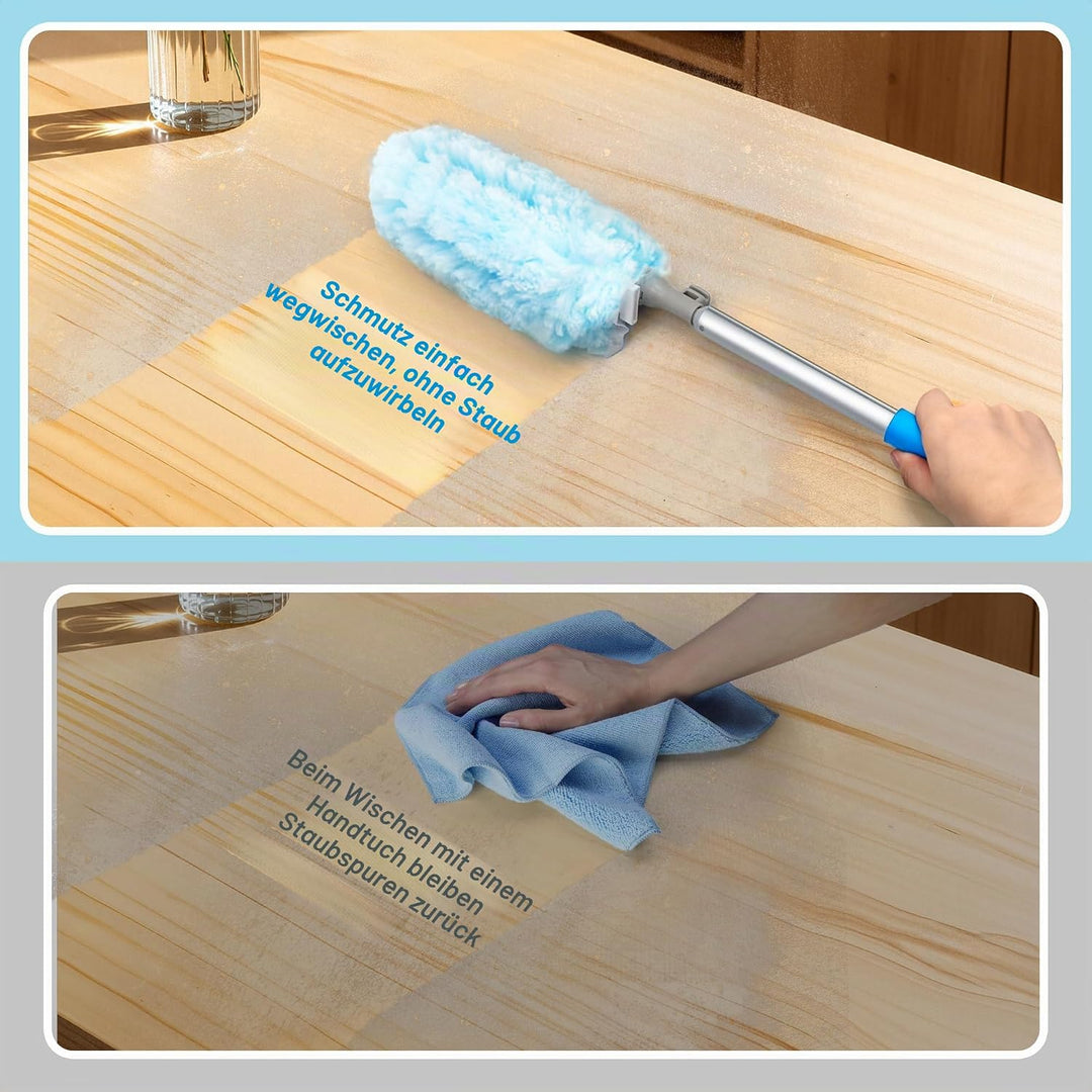 JEHONN Staubwedel Lang Ausziehbar 180 cm, 10 Nachfülltücher für Swiffer Teleskopstange, Robust Doppe