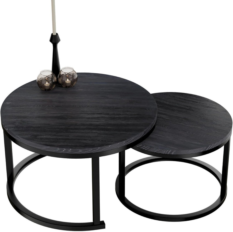 HeyHeaven® Couchtisch Rund Holz 2er Set – Runder Coach Tisch Schwarze Holz Optik mit Schwarze Metall