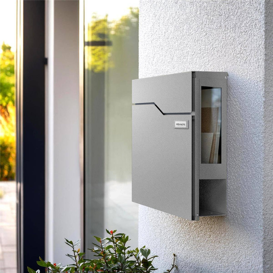 Metzler Briefkasten in Graualuminium mit Zeitungsfach & Sichtfenster – Wandbriefkasten Grau mit aust