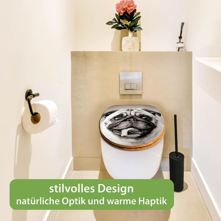 banjado® Design WC Sitz Bambus Absenkautomatik mit Motiv Mops Porträt/Toilettendeckel mit Absenkauto
