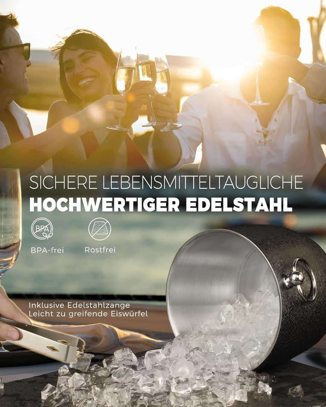 Poliviar Edelstahl Eiswürfelbehälter mit Deckel u. Zange- 2,5 Liter Doppelwandiger Eisbehälter- Eise