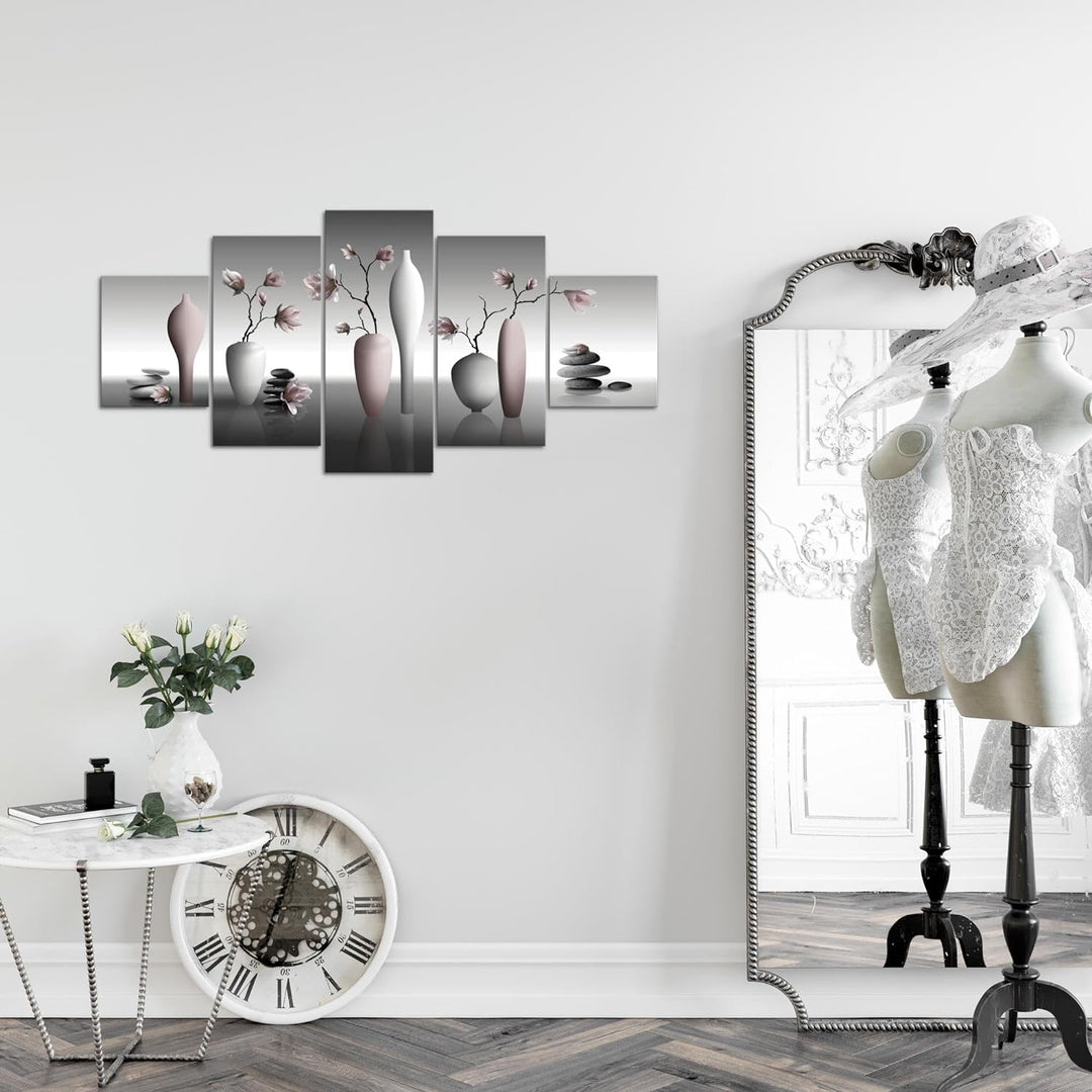 Runa Art Wandbilder Blumen Magnolien 5 Teilig Bild auf Vlies Leinwand Deko Wohnzimmer Spa Schwarz We