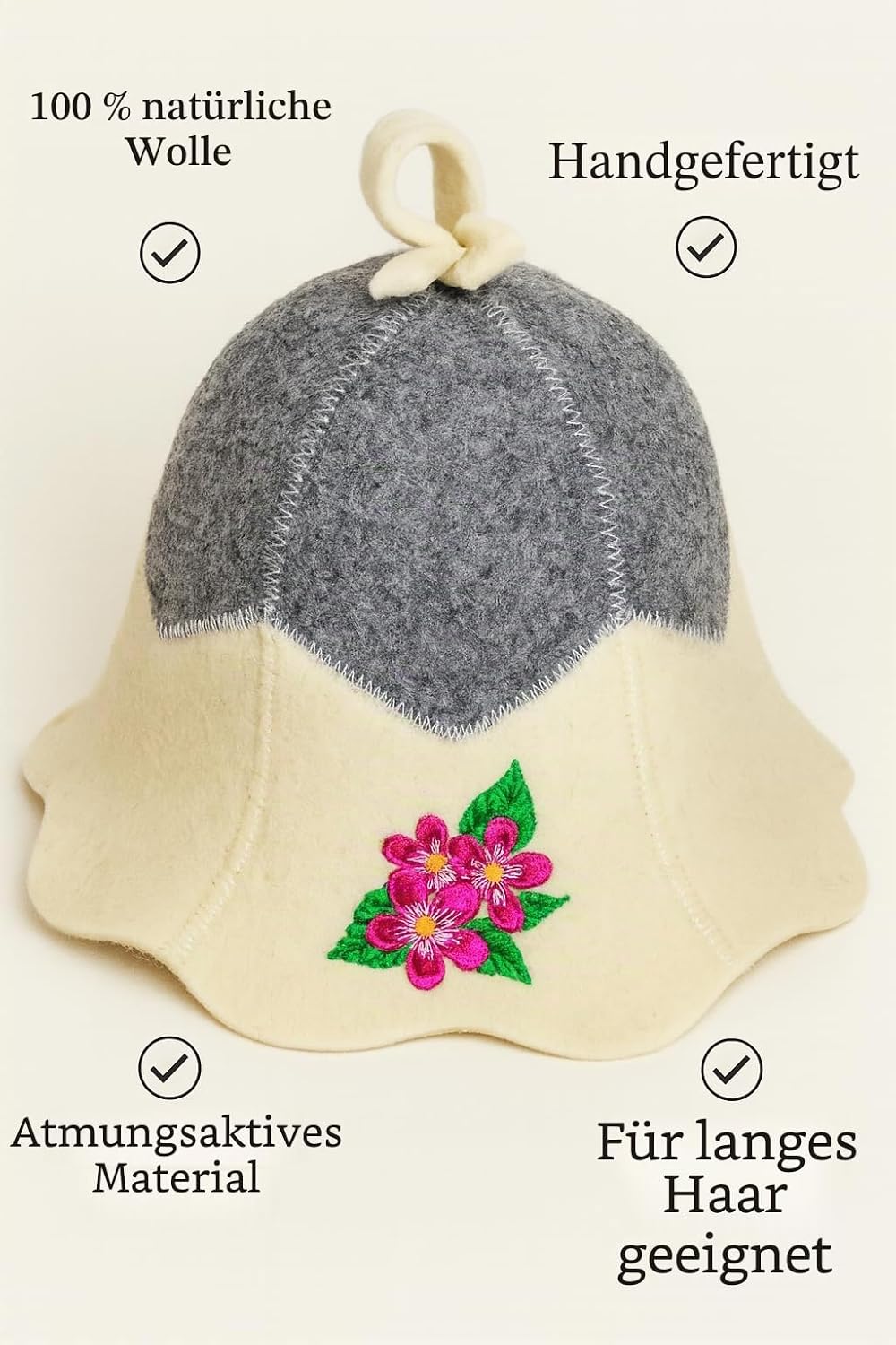 Saunahut Blume aus 100% Wollfilz, bestickt, zum Schutz des Kopfes vor Hitze