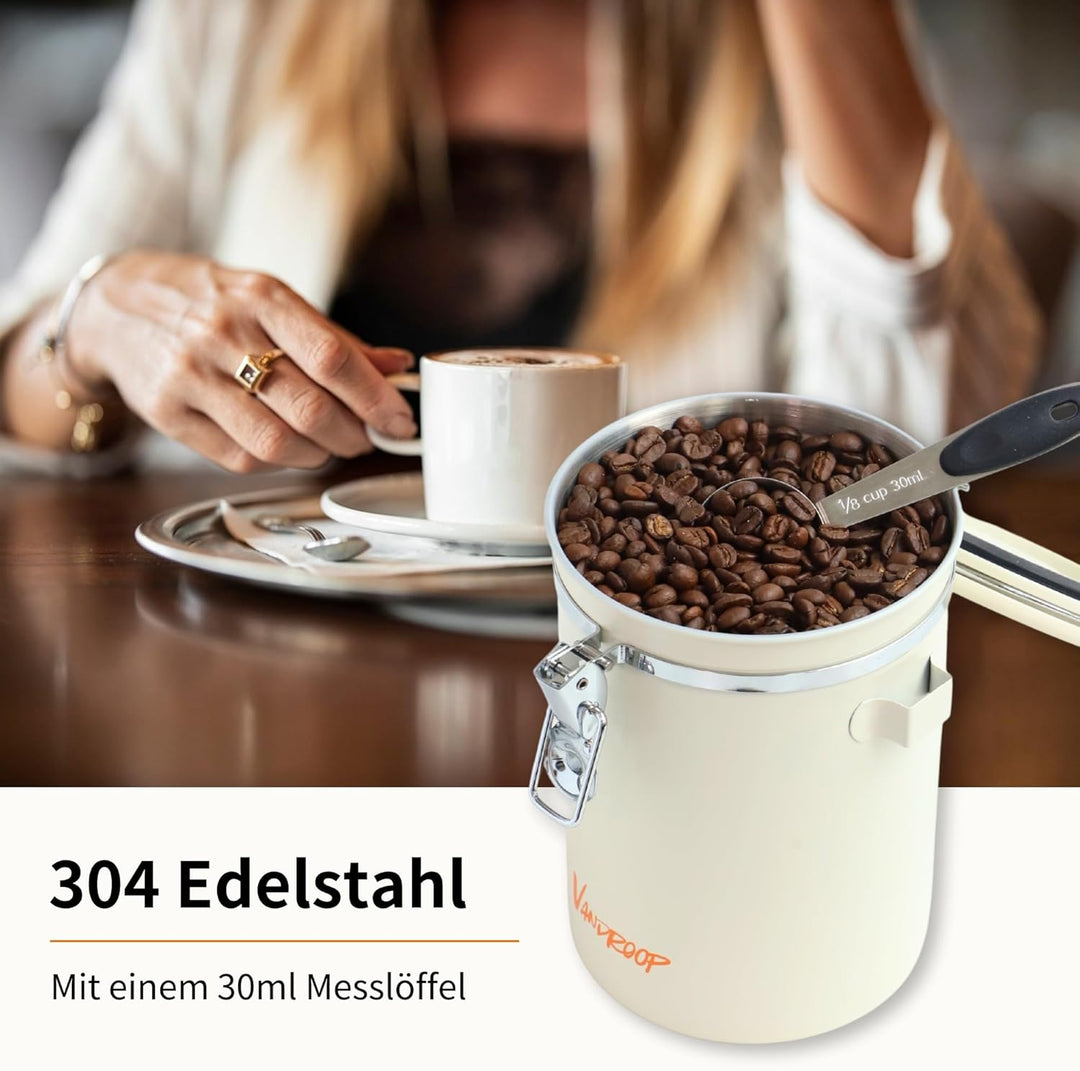 Kaffeedose Luftdicht aus Edelstahl 1800 ml Kaffeebohnen Behälter mit Messlöffel mit Datums Kaffedose