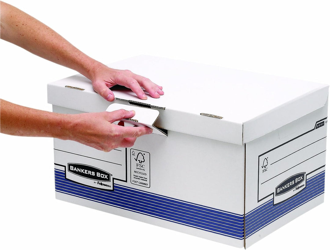 Bankers Box Klappdeckelbox Maxi mit FastFold System, FSC, 10er-Packung, weiss/blau Multicolor, Multi
