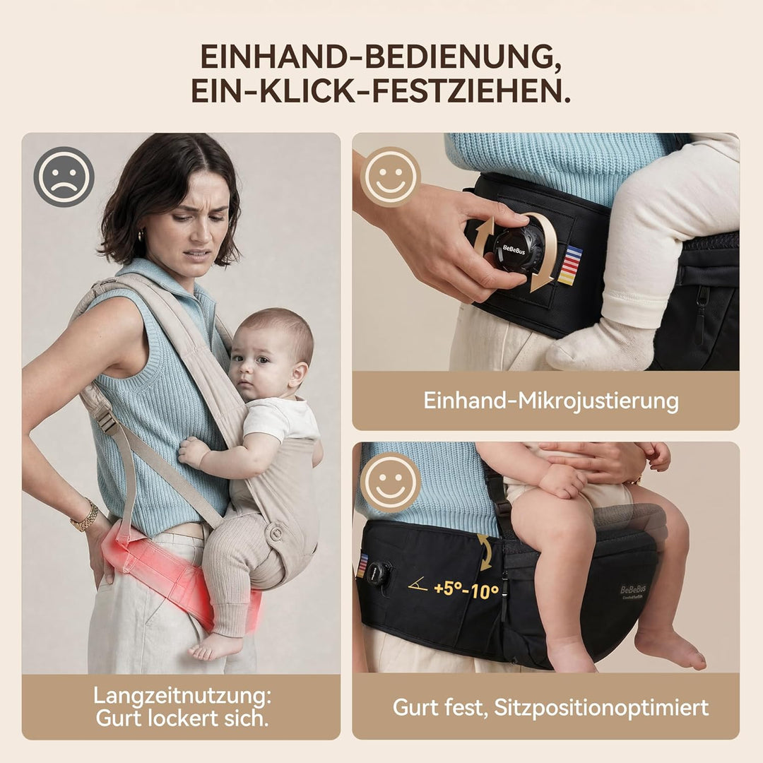 Babytrage mit Hüftsitz – Stufenloser Hüftgurt Drehmechanismus für festen Halt, verbessertes Y-Design