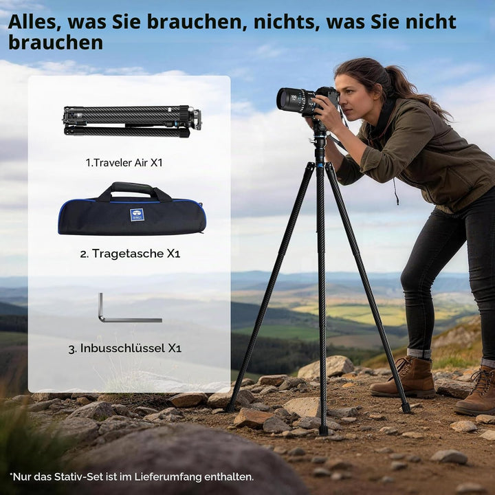 SIRUI Traveler Air-L Carbonfaser-Stativ mit Fluidkopf, 360° Schwenk &amp; ±90° Neigung, 5 kg Traglast, S